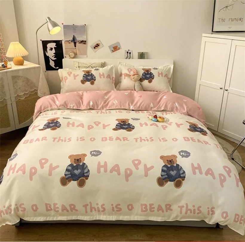 

Conjunto de cama têxtil casa ciano rosa urso capa edredão fronha folha roupa crianças adultos colcha cobre conjunto rei rainha