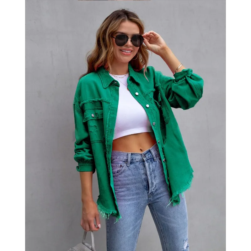 

Autumn Holes Solid Color Baggy Coat 2023 New Women Denim Jacket Women Long Sleeve Single-Breasted Turn-down Collar Denim Jacket