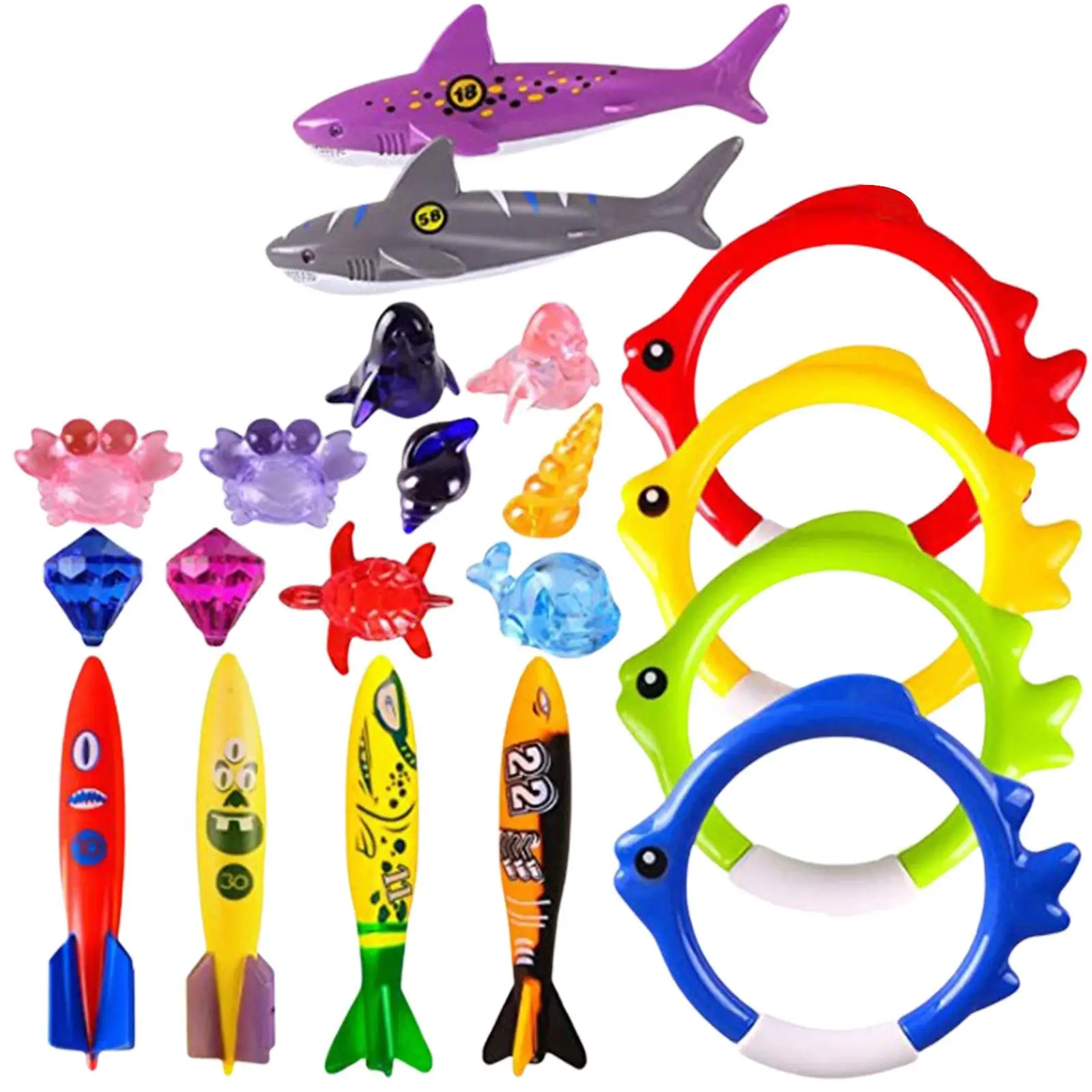 

20Pcs Fun Swim Games Sinking Set Gems Shark Rings Toddler Pool Toys for Schools Diving Practice Beach Boys Girls Kids 8-12