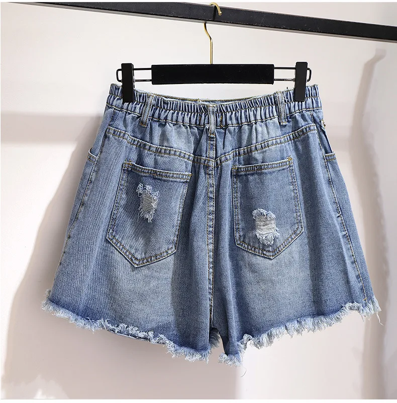Ripped Jeans Summer Streetwear Elastic Waist Loose Short Denim Pants Mid Waisted Casual Shorts Jeans Large Size 4XL 5XL 6XL