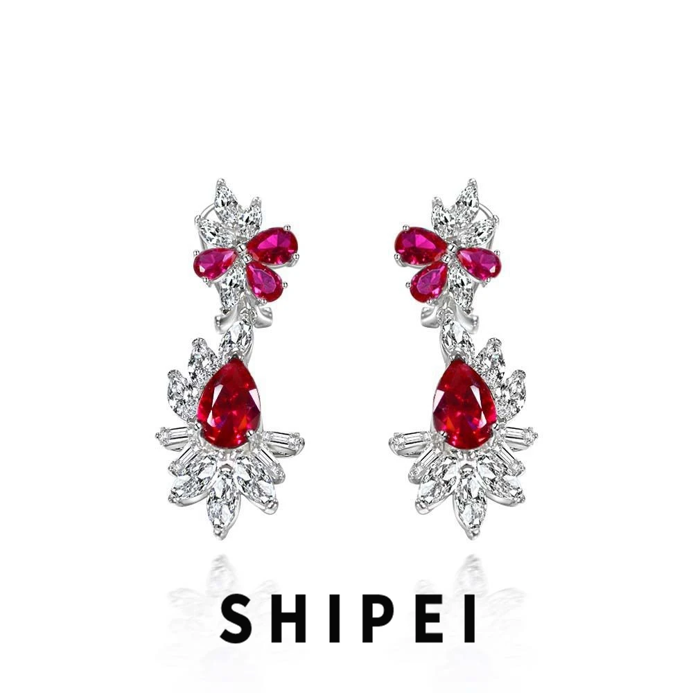 

SHIPEI Luxury 925 Sterling Silver Pear 3CT Ruby Gemstone Dangle Earrings Wedding Engagement Fine Jewelry for Women Drop Shipping