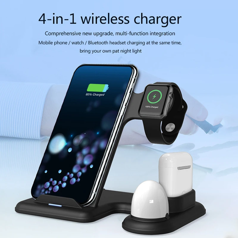 

4 In 1 Qi Wireless Charging Pad 10W Fast Charger Night Light For Watch For Earphone Dock Stand Wireless Chargers Qi Certified