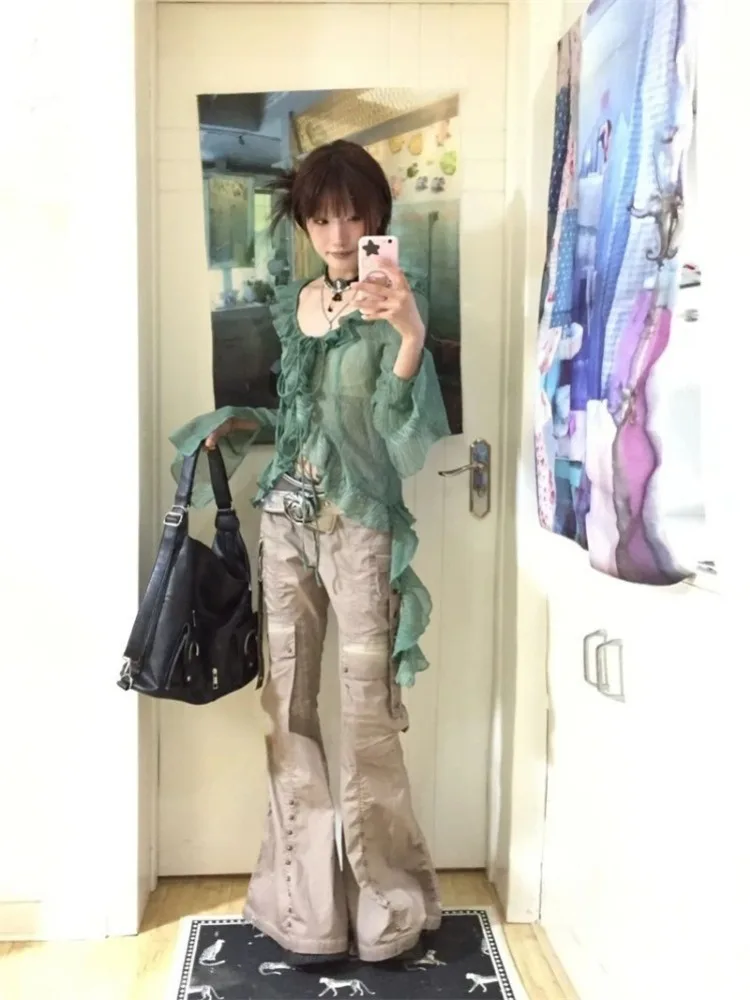 Элегантный винтажный зеленый кардиган с оборками на шнуровке Новые облегающие