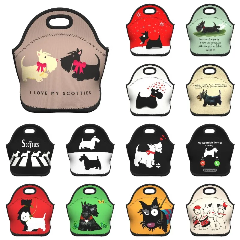 

Cartoon Scotties Neoprene Lunch Bag for Women Kids School Cooler Thermal Insulated Lunch Box Scottish Terrier Dog Portable Bags