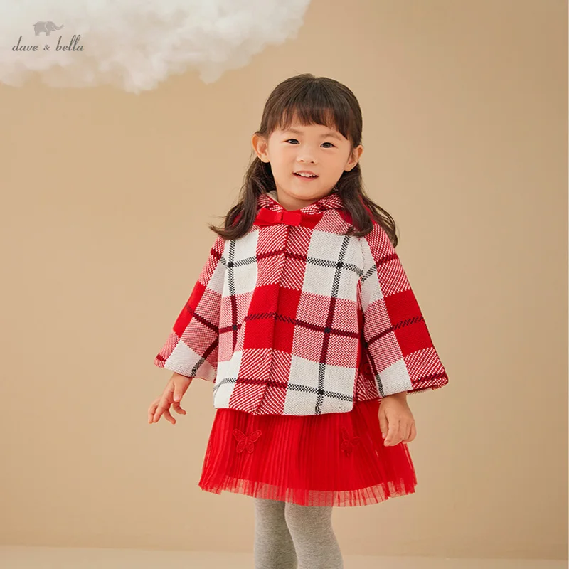 Dave Bella Autumn Winter Red Plaid Baby Jackets Warm Cotton Cloak Outwear Coat For Baby Girl Clothes Kids Costumn DB4224686