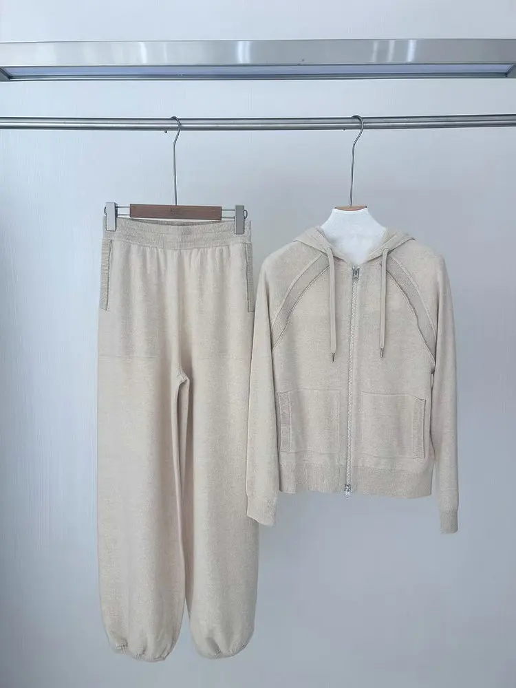 Autumn B*C Women 100% Cashmere Set Long Sleeve Hooded Cardigan or Elastic Waist Wide Leg Pants Casual Female Knitted Suit