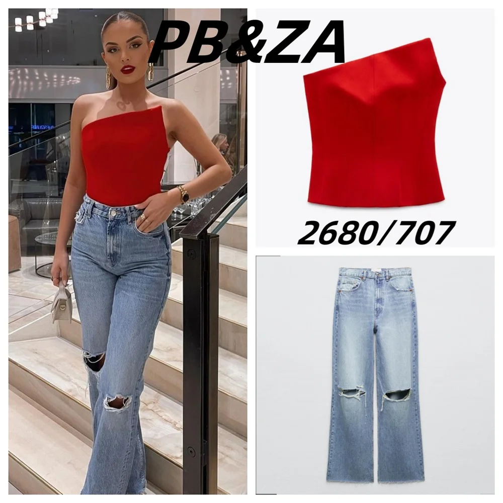 PB&ZA 2023 spring and summer new women's clothing with holes decoration high waist wide leg jeans trousers 8197227