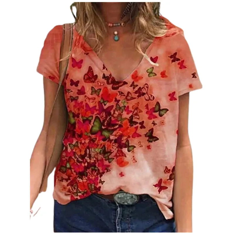 

3D Butterfly Print T Shirt Women 2022 New Summer Oversize Tops Ladies Casual Short Sleeve V-Neck Loose Tee Top Plus Size 5XL