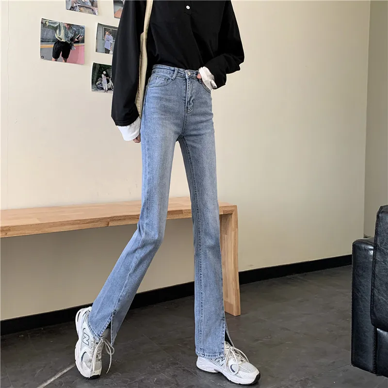 N1520   High-waisted bootcut jeans women's split flared trousers wide-leg trousers jeans