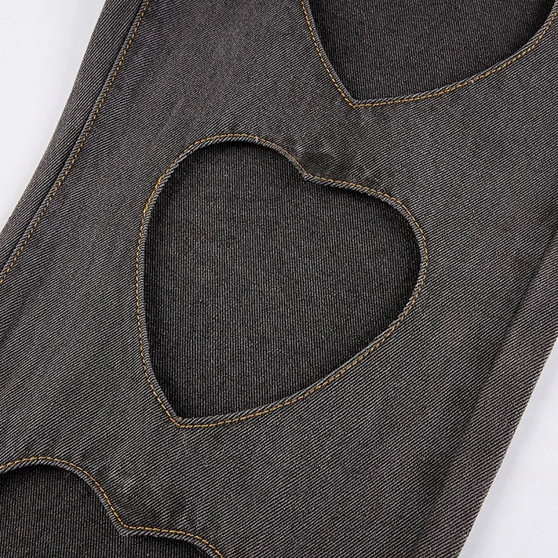 Women High Waist Denim Summer Pants 2021 Indie Aesthetics Heart Shape Hollow Out Baggy Jeans Y2k Streetwear Trousers 90s Clothes