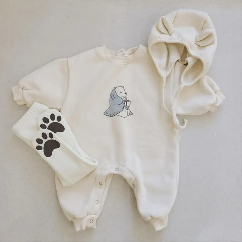 

2021 Autumn New Baby Boy Romper Cute Bear Print Jumpsuit For Infant Girl Clothes Fashion Toddler Long Sleeve Onesie + Hat