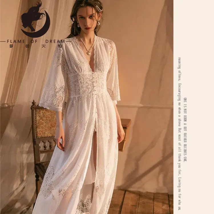 Flame Of Dream Lace  Mesh Sexy Robe Women  Suspender Nightdress Home Clothes Thin Double Layer Dress 221562