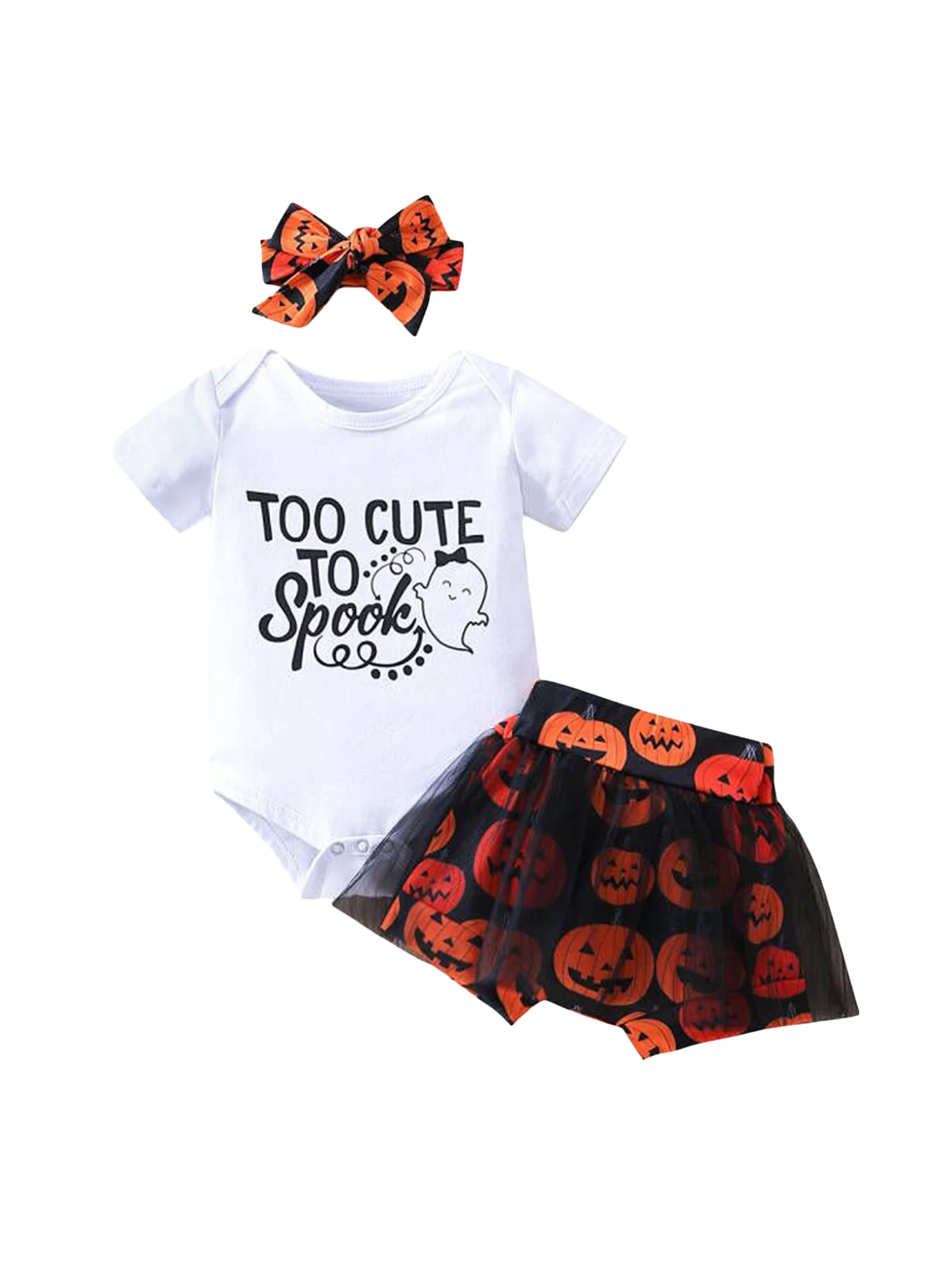 

Комплект одежды для новорожденных девочек на Хэллоуин из 3 предметов, комбинезон с короткими рукавами и надписью, боди, топ, кружевные шорты ...