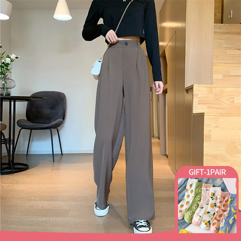 

Summer Korean Casual Women Clothing Wide Leg Pant Solid Color Korean Casual High Waist Pants Women Loose Vertical Suit Trousers