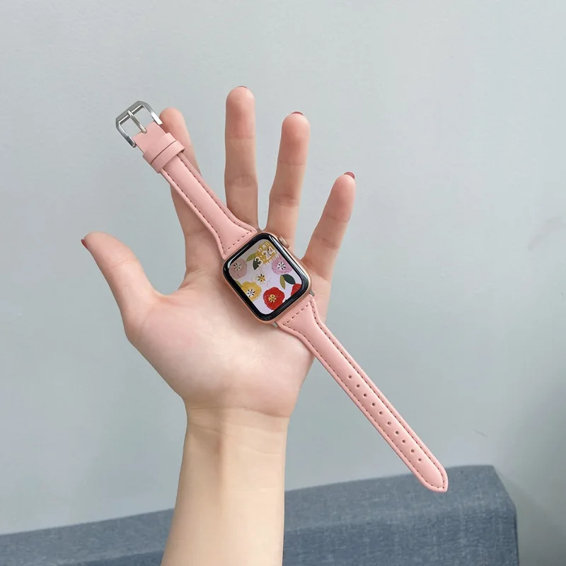 

Leather Strap for Apple Watch S7 Women Elegant Formal Watch Band Replacement Skin-friendly Soft Band 13 Color Bracelet
