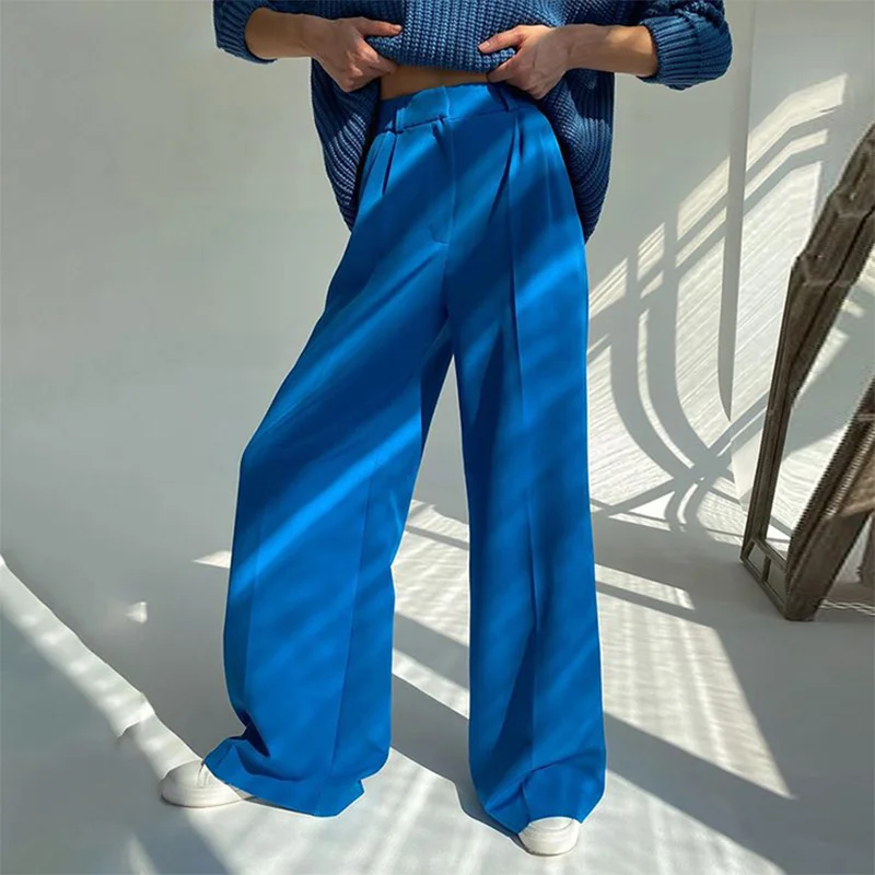 

Fashion Blue Office Women's Pants Wide Up Casual Pleated Pant Female 2022 Spring New High Waist Floor-Length Lady Loose Trousers