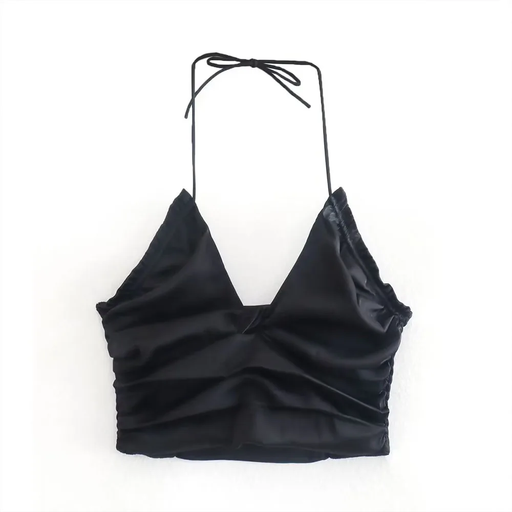 

New Fashion Vintage Clothes For Lady Halterneck Collar Folds Vest Streetwear Crop Top Black Short Women Summer Tops