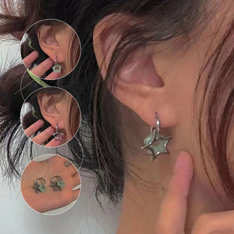 

Hollow Pentagonal Star Hoop Earrings Chinese Jade New in Y2K Gothic Ear Buckle Detachable Pendant for Egirls Women Stud Jewelry
