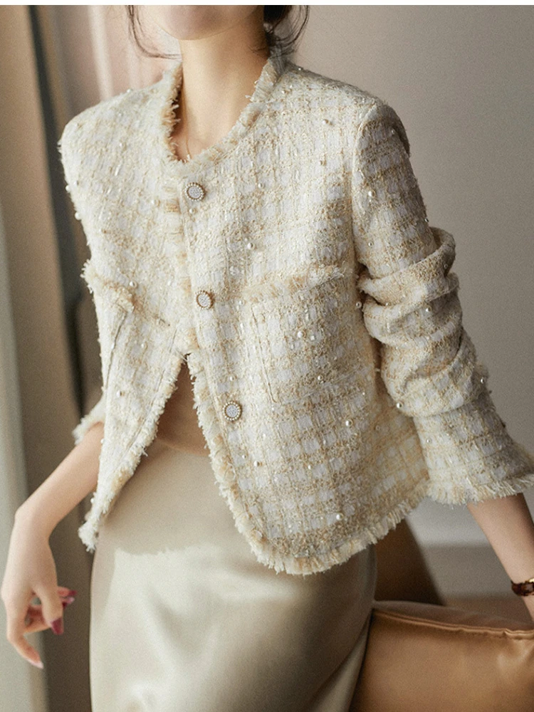 

2023 Spring/autumn Women High-end Pearl Wool French Style Short Jacket Tweed Cropped Top Women's Clothing Office Lady