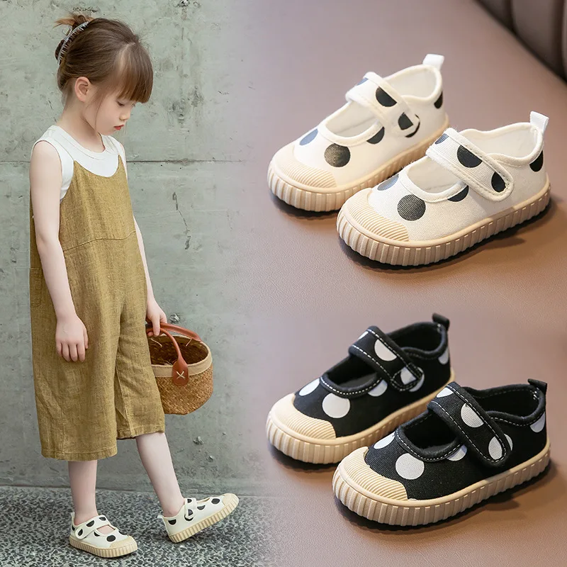 JY 2023 Spring Children's Shoe Korean Version Girls' Princess Soft Sole Canvas Shoes Round Dot Cloth Shoes 21-32 3272