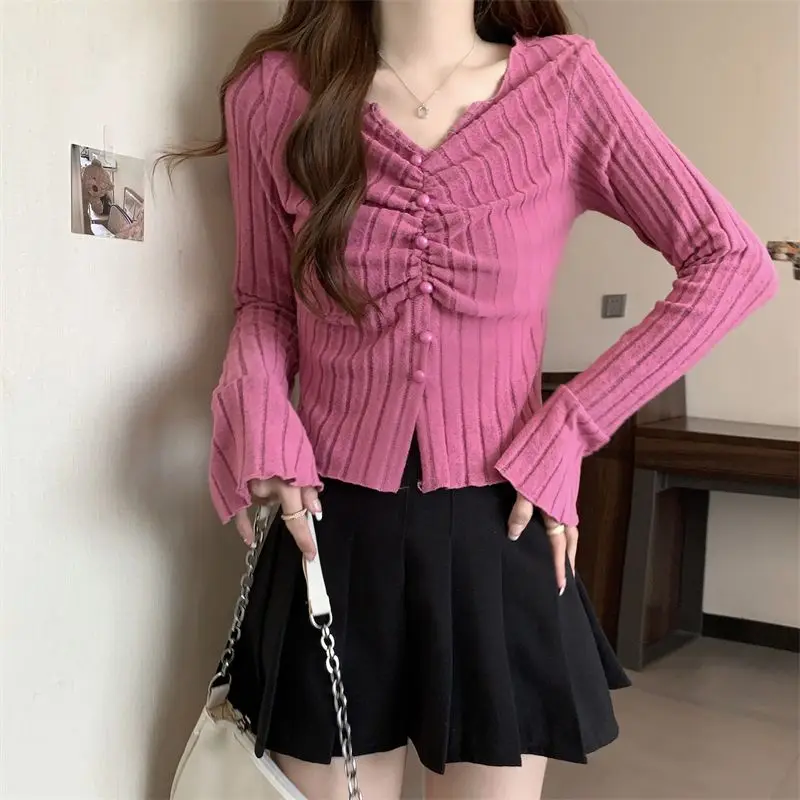 

Design Sense V-neck Long Sleeve Pleated Knit Sweater Women's 2023 Fall New Hot Girl Waist Tie-down Undershirt Top