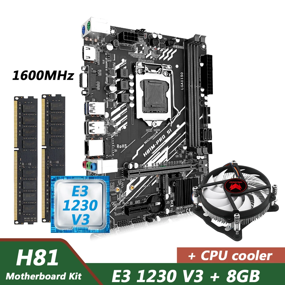 

Комплект материнской платы Machinist H81 LGA 1150 с памятью DDR3 8 Гб 1600 МГц и процессором Xeon E3 1230 V3 и кулером ЦП