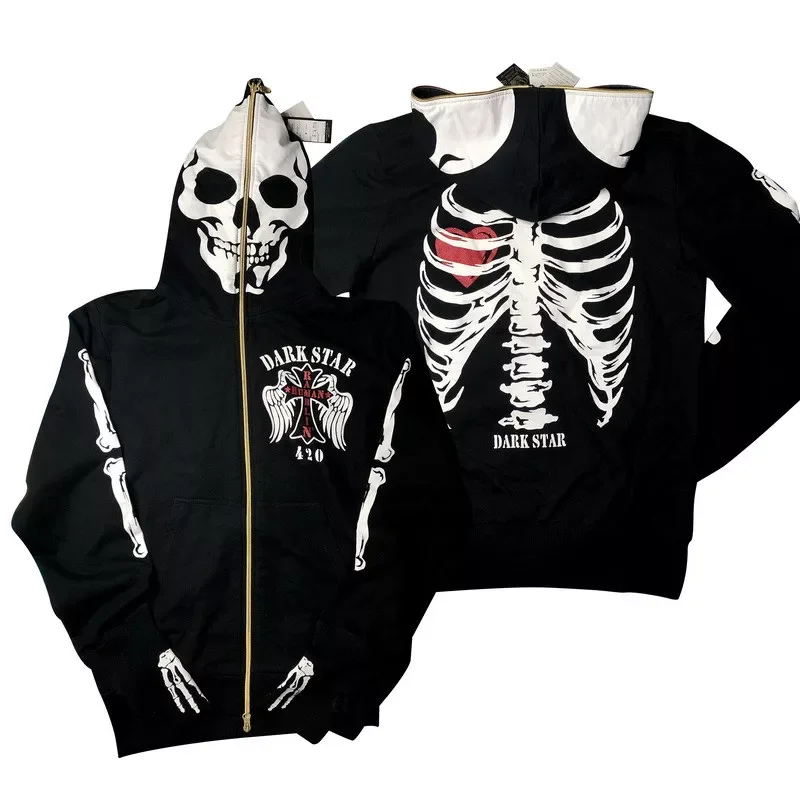 

2022NEW Fashion High Street Zip Up Hoodies Winter Vintage Skull Hooded Jackets Streetwear Punk Sweatshirts Unisex Hip Hop Hoody