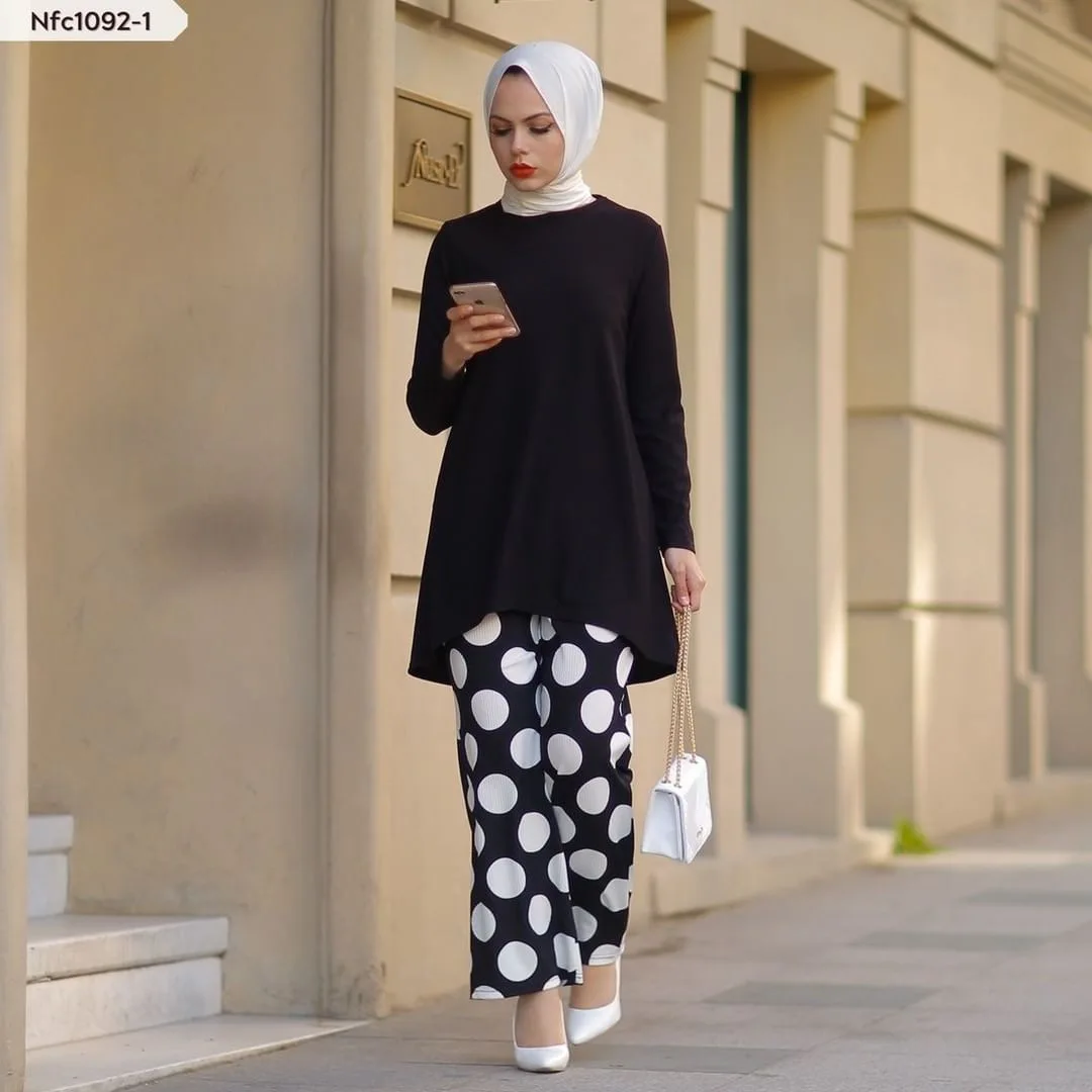 Vintage Muslim Soft Ribbed Knit Solid Long Sleeves Tops and Printed Pants 2 Piece Sets Islamic Casual Elegant Women Autumn Suit