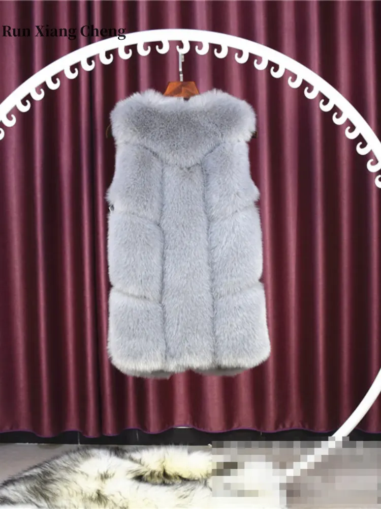 2023 Women's Mid-Long Faux Fox Fur Vest Factory Wholesale Winter Korean Version Keep Warm Sleeveless Overcoat for Urban Style