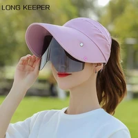 summer women retractable drawstring visor female sun empty top hats plus one piece goggles outdoor sports riding cap anti uv cap