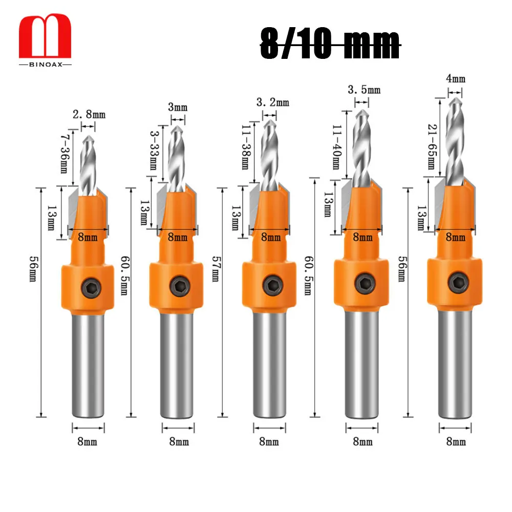 

BINOAX 8/10MM HSS Woodworking Countersink Router Bit Screw Extractor Remon Demolition for Wood Milling Cutter