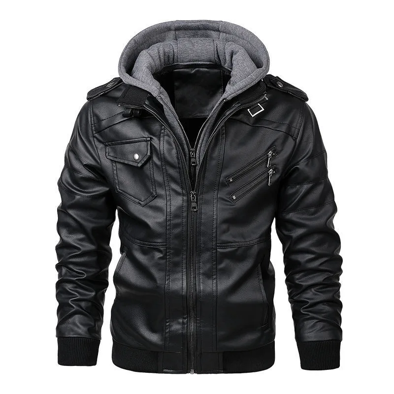 Men's Autumn and Winter Leather Jacket Slim Zipper Thin Jacket Removable Knit Hooded European and American Plus Size Top