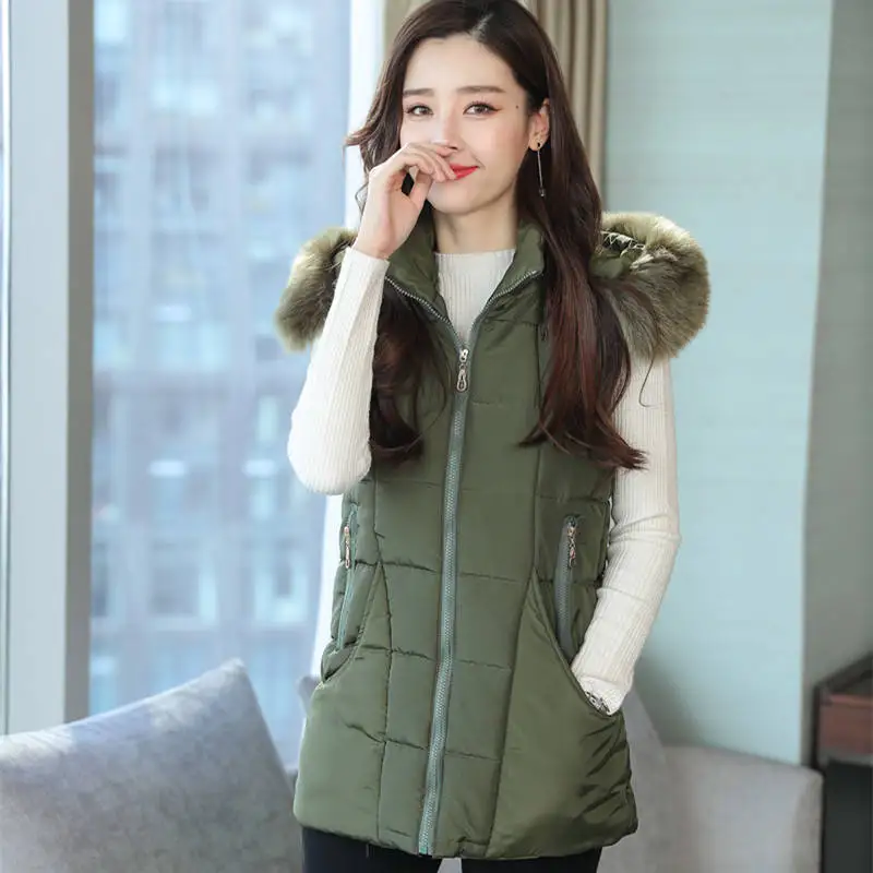 Autumn Winter Cotton Vest Women's Loose Large Fur Collar Down Cotton Vest Korean Style Jacket Solid Color Large Pocket Casual