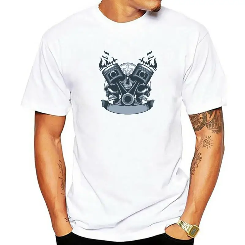 

2022 Fashion Leisure Burning Pistons With Three Skulls Behind T-shirt Harajuku Streetwear Cotton Graphics Tshirt Brands Tee Tops