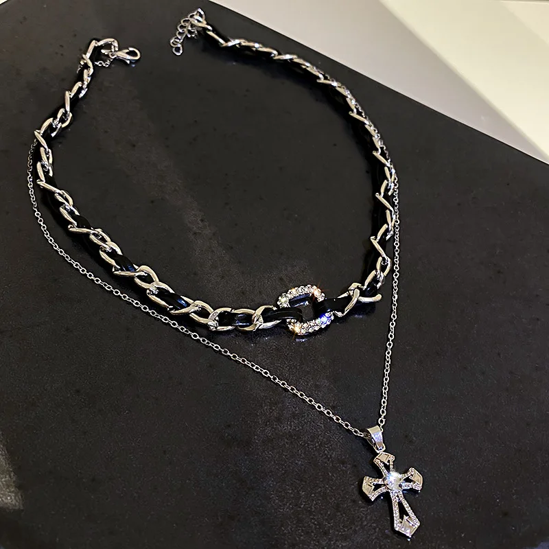 

Double Layer Rhinestone Cross Necklace for Women Goth Black Choker Collar Femme Punk Rock Chain Crystal Jewelry Gift Couple