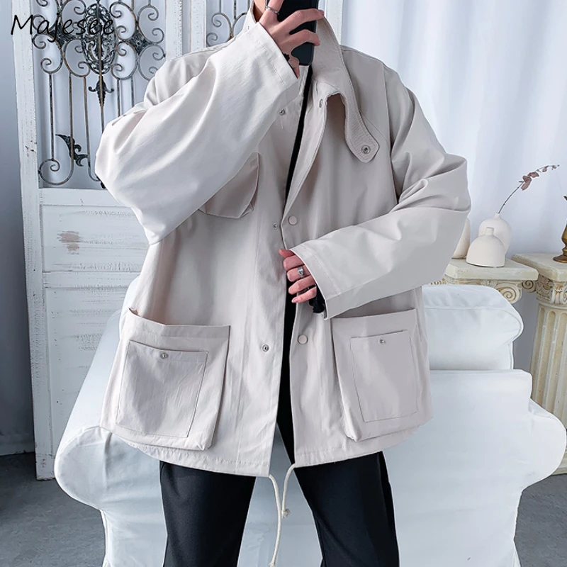 

Men Jackets Loose Solid Ulzzang Ins Students Spring New All-match Mandarin Collar Design Outwear Casual Pockets Fashion Popular