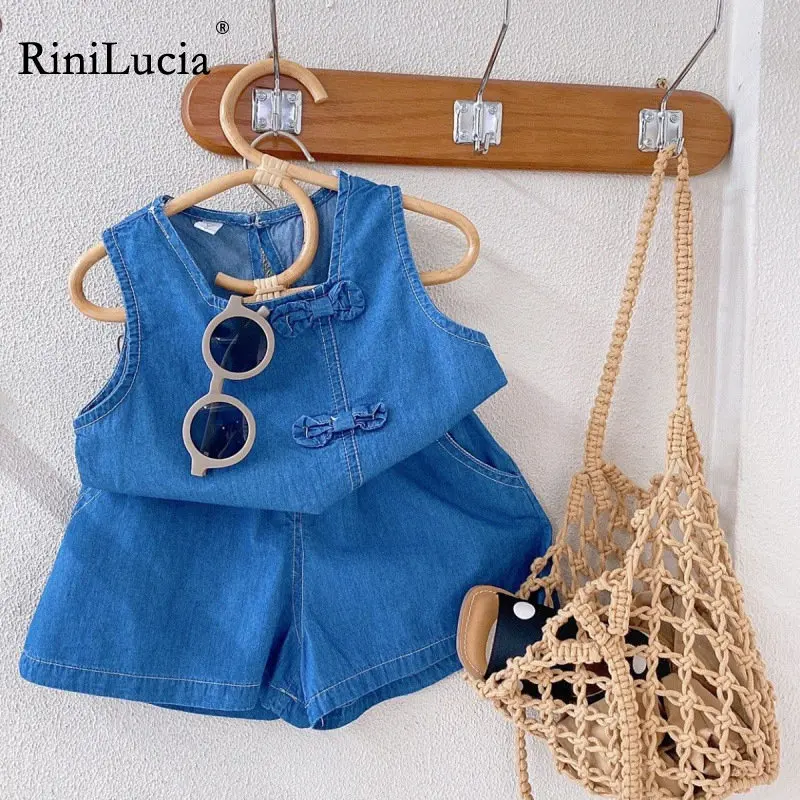 

New Baby Clothing Set Children's Solid Sleeveless Bow Shirts Shorts Two Piece Suit 2023 Summer Demin Set Girls Outfit
