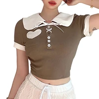 womens summer sweet cropped tops contrast color short sleeve doll collar heart pattern button tie up t shirt