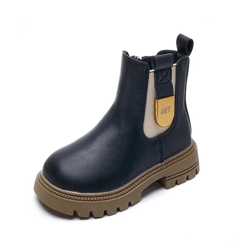 

Girls Mart Boots 2022 New Spring & Autumn Child Fashion PU Korean Style Simple Side Zip Versatile Japanese Princess Ankle Boots