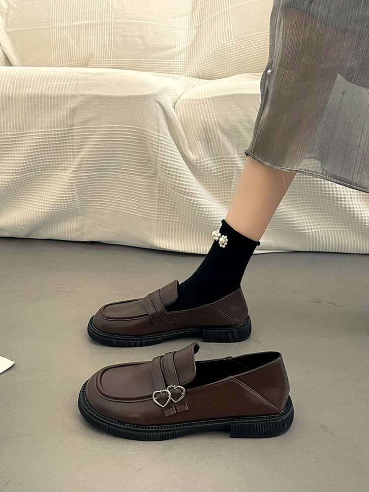 

Round Toe Shoes Woman Flats Oxfords Autumn Loafers With Fur British Style Casual Female Sneakers Slip-on Dress Black Leather New