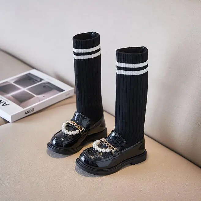 

Children's Boots Fashion Solid Black Snow Boots Girls Uniform 2022 Autumn Winter New Kids Fashion Knit School Socks Shoes