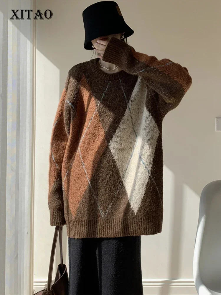 

XITAO/свободные вязаные свитера с круглым вырезом и длинными рукавами; Повседневные модные Универсальные осенние женские свитера контрастных цветов; DMJ3085
