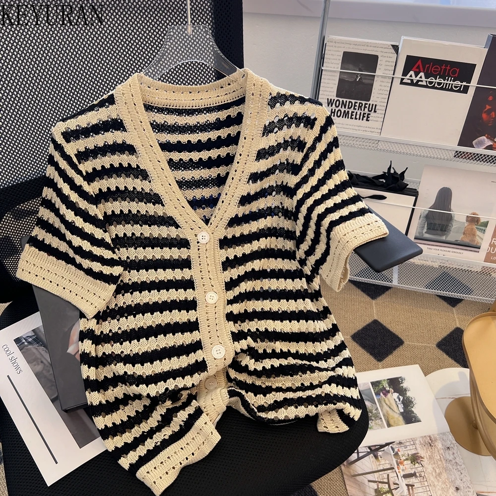Ice Silk Striped Cardigan Women Elegant 