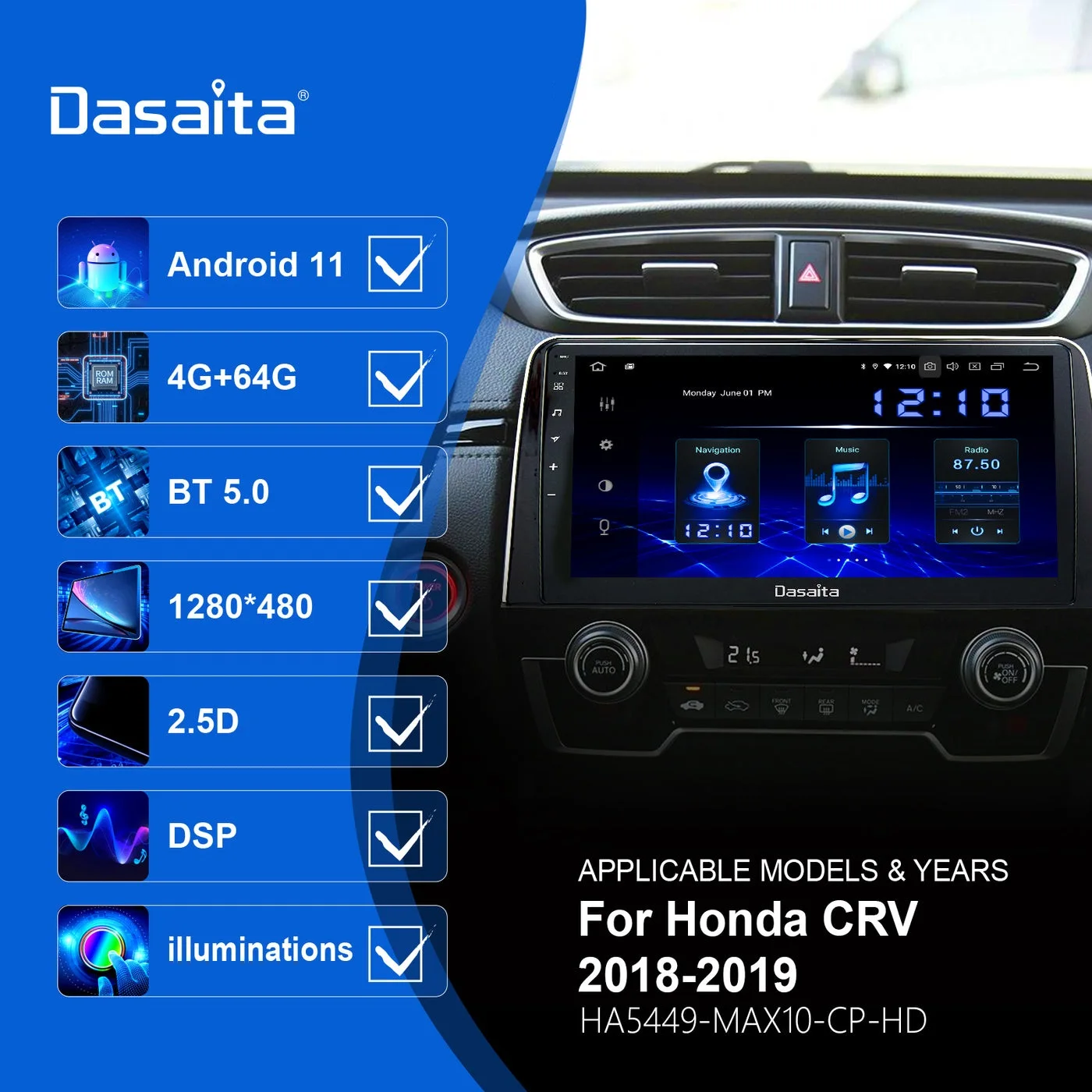 

Dasaita Max11 Android11 Multimedia for Honda CRV 2018 2019 2020 CR-V Carplay Android Auto Player 9" HD IPS DSP AHD Radio Screen