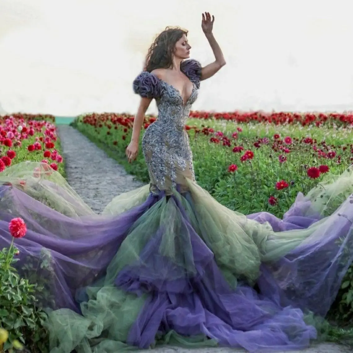 

Custom Purple Mermaid with Long Tulle Train And Volume Off the Shoulders Sleeves Sexy V-Neck Prom Dress Applique Evening Dresses