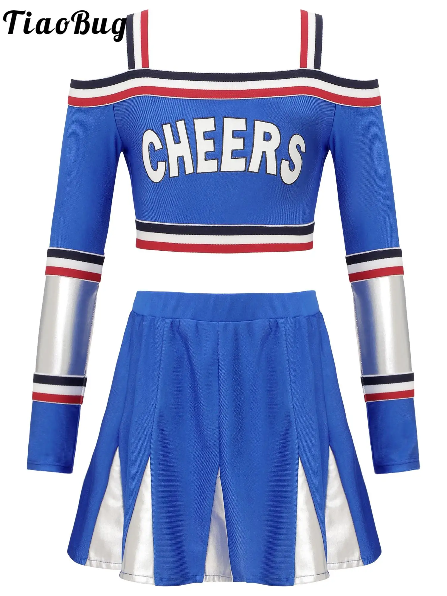 

Детская униформа для чирлидинга с открытыми плечами и длинным рукавом, укороченный топ с принтом и юбка, комплект для танцев и представлени...