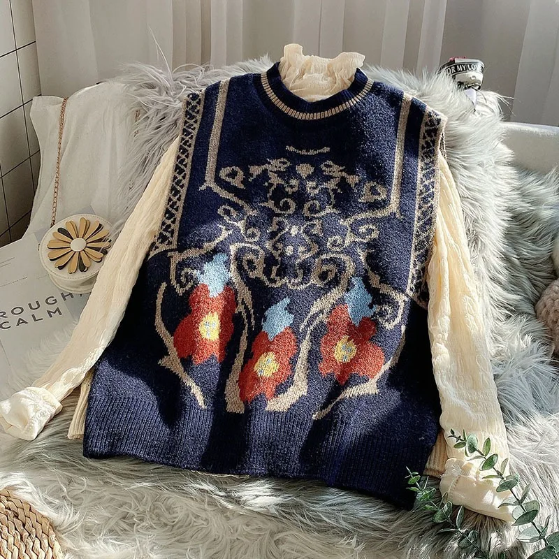 

2021 New Jacquard Knitted Sweater Vest Women Cottagecore O Neck Blue Loose Knitted Sweater Vest Vintage Spring Autumn Fashion
