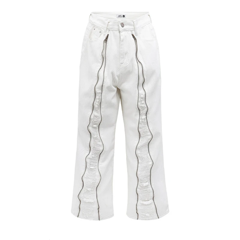 HOUZHOU Design Zipper Slit Jeans Men White Denim Pants Male Black Trousers Male Ripped Streetwear Hip Hop Mens Designer Clothes