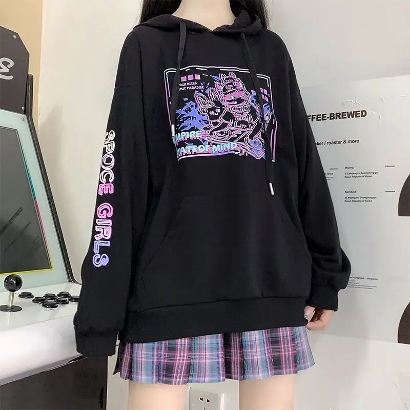 

Black Sweatshirt Japanese Harajuku Graphic Hoodie for Women Girl Loose Hooded Clothing Emo Alt Grunge Streetwear Pullover