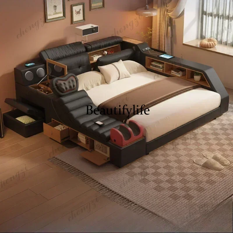 Фото Двуспальная кровать A182 Black King Size с выдвижными ящиками для хранения, многофункциональная массажная кровать с системой хранения, современная, для спальни. №5